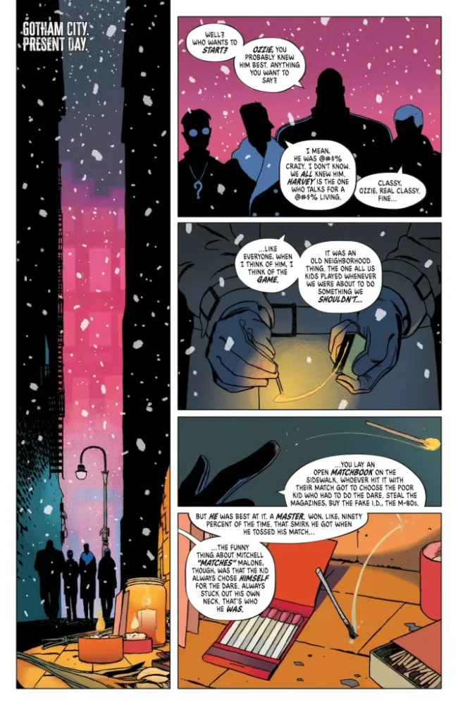 Bruce's friends meet in an alley.