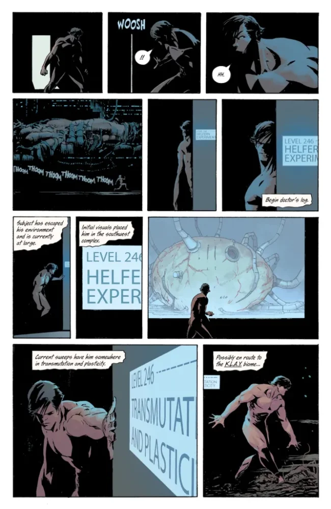 Bruce enters a different room with screens.