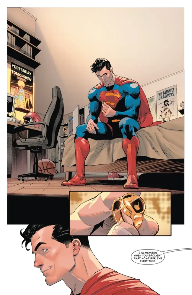 Superman sits on his childhood bed.