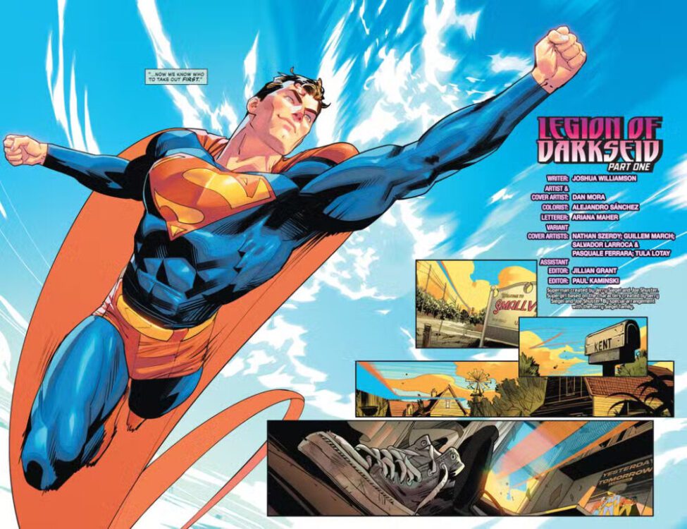 Superman flies home.