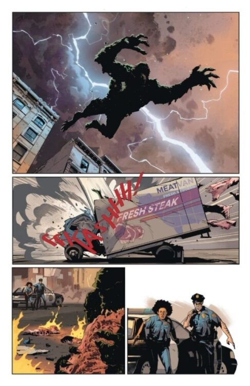 A giant creature leaps from a building and lands in a truck.